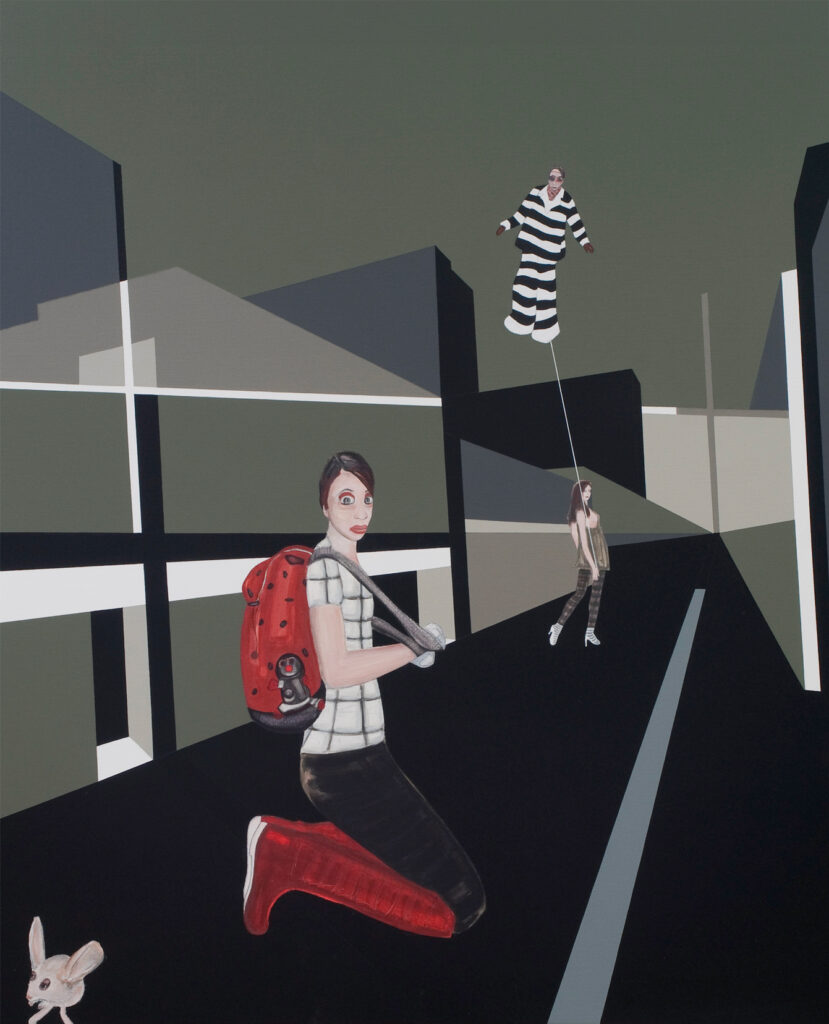 A young girl is kneeling, wearing red boots and carrying a red rucksack, whilst a mouse scurries past; another woman is holding a prisoner’s balloon as it floats through the air.