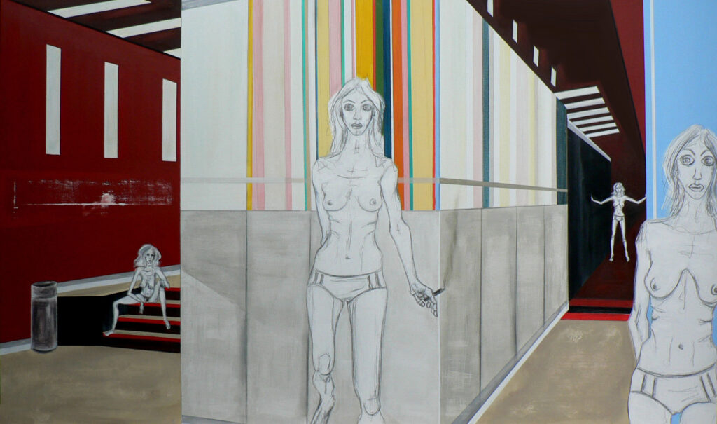 Sketch-style semi-nude women are standing in a hall before striped colonnades; one is smoking, another sits nearby on steps.